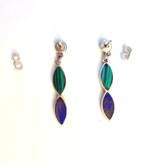 Lapis Lazuli and Malachite Drop Earrings Silver Tone Pierced - Picture 3 of 8